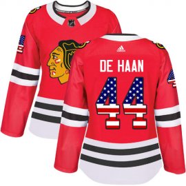 Adidas Chicago Blackhawks #44 Calvin De Haan Red Home Authentic USA Flag Womens Stitched NHL Jersey