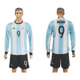 Argentina #9 Higua??n Home Long Sleeves Soccer Country Jersey