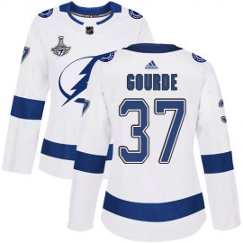 Adidas Tampa Bay Lightning #37 Yanni Gourde White Road Authentic Womens 2020 Stanley Cup Champions Stitched NHL Jersey