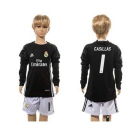 Real Madrid #1 Casillas Black Goalkeeper Long Sleeves Kid Soccer Club Jersey