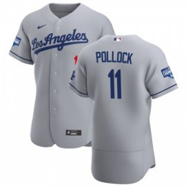 Los Angeles Dodgers #11 AJ Pollock Mens Nike Gray Road 2020 World Series Champions Authentic Team MLB Jersey