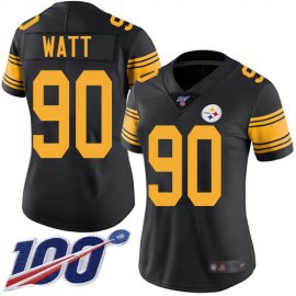 Nike Pittsburgh Steelers #90 T. J. Watt Black Womens Stitched NFL Limited Rush 100th Season Jersey