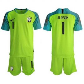 Brazil #1 Alisson Shiny Green Goalkeeper Soccer Country Jersey
