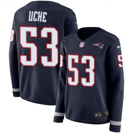 Nike New England Patriots #53 Josh Uche Navy Blue Team Color Womens Stitched NFL Limited Therma Long Sleeve Jersey