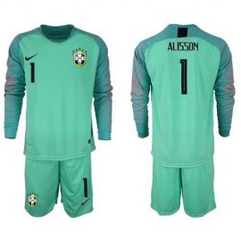 Brazil #1 Alisson Green Goalkeeper Long Sleeves Soccer Country Jersey