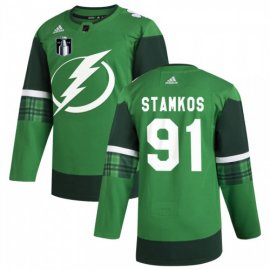 Tampa Bay Tampa Bay Lightning #91 Steven Stamkos Mens Adidas 2022 Stanley Cup Final Patch St. Patricks Day Stitched NHL Jersey Green Mens