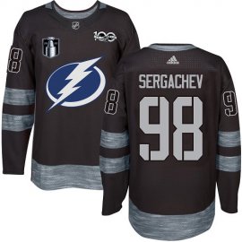 Adidas Tampa Bay Lightning #98 Mikhail Sergachev Black 2022 Stanley Cup Final Patch 100th Anniversary Stitched NHL Jersey Mens