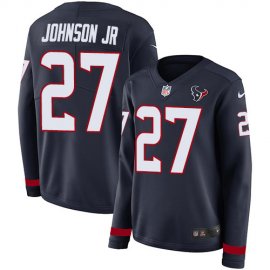 Nike Houston Texans #27 Duke Johnson Jr Navy Blue Team Color Womens Stitched NFL Limited Therma Long Sleeve Jersey
