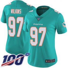 Nike Miami Dolphins #97 Christian Wilkins Aqua Green Team Color Womens Stitched NFL 100th Season Vapor Limited Jersey