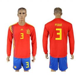 Spain #3 Pique Red Home Long Sleeves Soccer Country Jersey