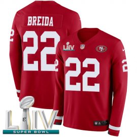 Nike San Francisco 49ers #22 Matt Breida Red Super Bowl LIV 2020 Team Color Mens Stitched NFL Limited Therma Long Sleeve Jersey