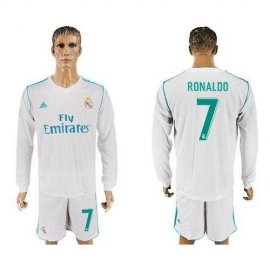 Real Madrid #7 Ronaldo White Home Long Sleeves Soccer Club Jersey