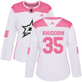 Adidas Dallas Stars #35 Anton Khudobin White/Pink Authentic Fashion Womens Stitched NHL Jersey