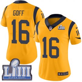 Nike Los Angeles Rams #16 Jared Goff Gold Super Bowl LIII Bound Womens Stitched NFL Limited Rush Jersey