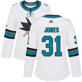 Adidas San Jose Sharks #31 Martin Jones White Road Authentic Womens Stitched NHL Jersey