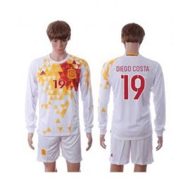 Spain #19 Diego Costa White Away Long Sleeves Soccer Country Jersey
