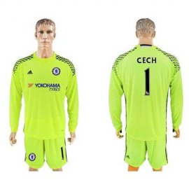 Chelsea #1 Cech Shiny Green Goalkeeper Long Sleeves Soccer Club Jersey