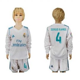 Real Madrid #4 Sergio Ramos Home Long Sleeves Kid Soccer Club Jersey