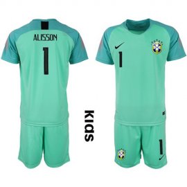 Brazil #1 Alisson Green Goalkeeper Kid Soccer Country Jersey