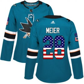 Adidas San Jose Sharks #28 Timo Meier Teal Home Authentic USA Flag Womens Stitched NHL Jersey