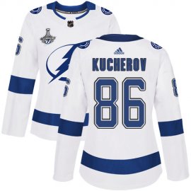 Adidas Tampa Bay Lightning #86 Nikita Kucherov White Road Authentic Womens 2020 Stanley Cup Champions Stitched NHL Jersey