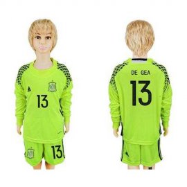 Spain #13 De Gea Shiny Green Long Sleeves Goalkeeper Kid Soccer Country Jersey