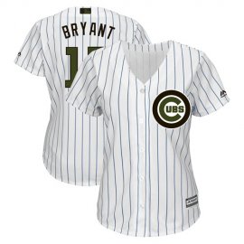 Chicago Cubs #17 Kris Bryant White(Blue Strip) 2018 Memorial Day Cool Base Womens Stitched MLB Jersey