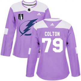 Adidas Tampa Bay Lightning #79 Ross Colton Purple Womens Authentic 2022 Stanley Cup Final Patch Fights Cancer Stitched NHL Jersey Womens