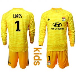 Lyon #1 Lopes Yellow Goalkeeper Long Sleeves Kid Soccer Club Jersey
