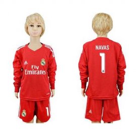 Real Madrid #1 Navas Red Goalkeeper Long Sleeves Kid Soccer Club Jersey