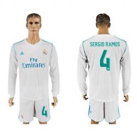 Real Madrid #4 Sergio Ramos White Home Long Sleeves Soccer Club Jersey