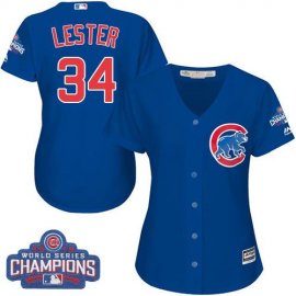 Chicago Cubs #34 Jon Lester Blue Alternate 2016 World Series Champions Womens Stitched MLB Jersey