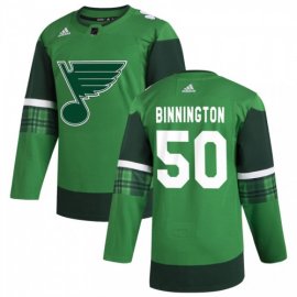St. Louis Blues #50 Jordan Binnington Mens Adidas 2020 St. Patricks Day Stitched NHL Jersey Green