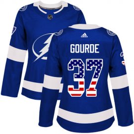 Adidas Tampa Bay Lightning #37 Yanni Gourde Blue Home Authentic USA Flag Womens Stitched NHL Jersey