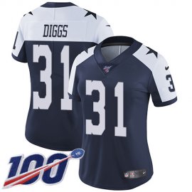 Nike Dallas Cowboys #31 Trevon Diggs Navy Blue Thanksgiving Womens Stitched NFL 100th Season Vapor Throwback Limited Jersey