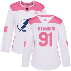 Adidas Tampa Bay Lightning #91 Steven Stamkos White/Pink Authentic Fashion Womens Stitched NHL Jersey