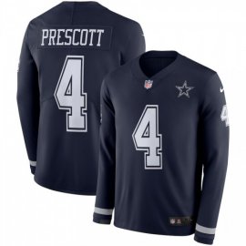 Mens Dallas Cowboys #4 Dak Prescott Navy Blue Team Color Mens Stitched NFL Limited Therma Long Sleeve Jersey