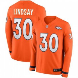 Mens Denver Broncos #30 Phillip Lindsay Orange Team Color Mens Stitched NFL Limited Therma Long Sleeve Jersey