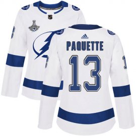 Adidas Tampa Bay Lightning #13 Cedric Paquette White Road Authentic Womens 2020 Stanley Cup Champions Stitched NHL Jersey