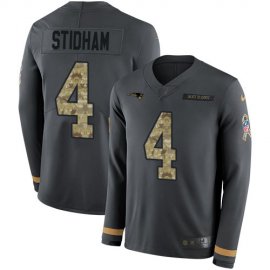 Nike New England Patriots #4 Jarrett Stidham Anthracite Salute to Service Mens Stitched NFL Limited Therma Long Sleeve Jersey