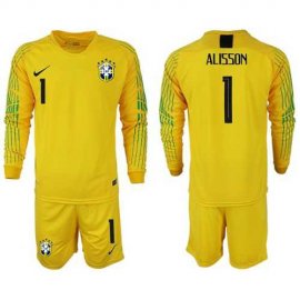 Brazil #1 Alisson Yellow Goalkeeper Long Sleeves Soccer Country Jersey