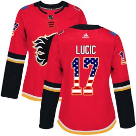 Adidas Calgary Flames #17 Milan Lucic Red Home Authentic USA Flag Womens Stitched NHL Jersey