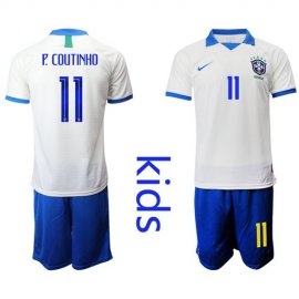 Brazil #11 P.Coutinho White Kid Soccer Country Jersey