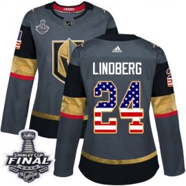 Adidas Vegas Golden Knights #24 Oscar Lindberg Grey Home Authentic USA Flag 2018 Stanley Cup Final Womens Stitched NHL Jersey