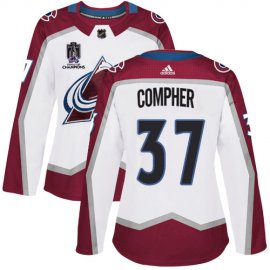 Adidas Colorado Avalanche #37 J.T. Compher White Womens 2022 Stanley Cup Champions Road Authentic Stitched NHL Jersey Womens