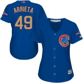 Chicago Cubs #49 Jake Arrieta Blue 2017 Gold Program Cool Base Womens Stitched MLB Jersey