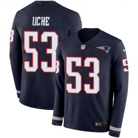Nike New England Patriots #53 Josh Uche Navy Blue Team Color Mens Stitched NFL Limited Therma Long Sleeve Jersey