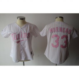 Minnesota Twins #33 Justin Morneau White Pink Number Womens Fashion Stitched MLB Jersey