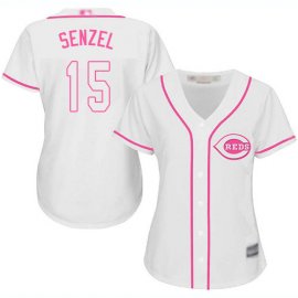 Cincinnati Reds #15 Nick Senzel White/Pink Fashion Womens Stitched MLB Jersey