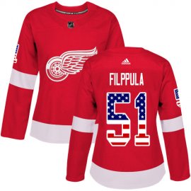 Adidas Detroit Red Wings #51 Valtteri Filppula Red Home Authentic USA Flag Womens Stitched NHL Jersey